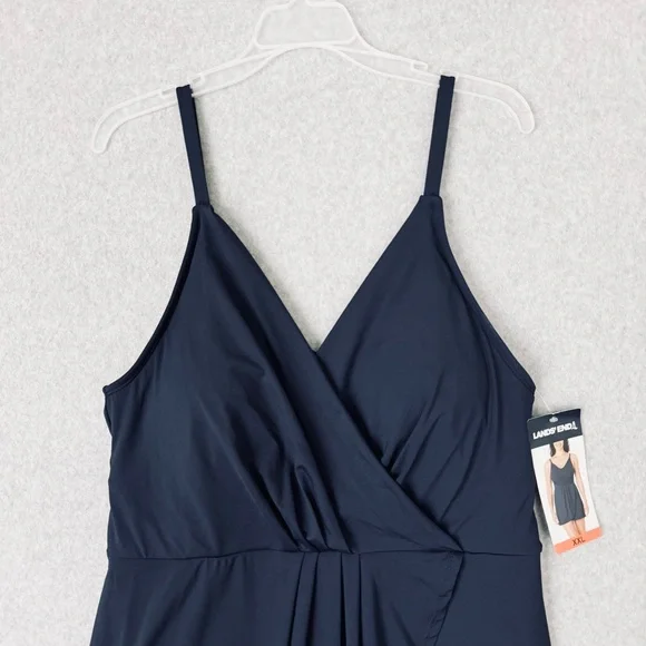Lands End V Neck Tulip Wrap One Piece Swimsuit Swim Dress Size XXL Blue New - Picture 2 of 14